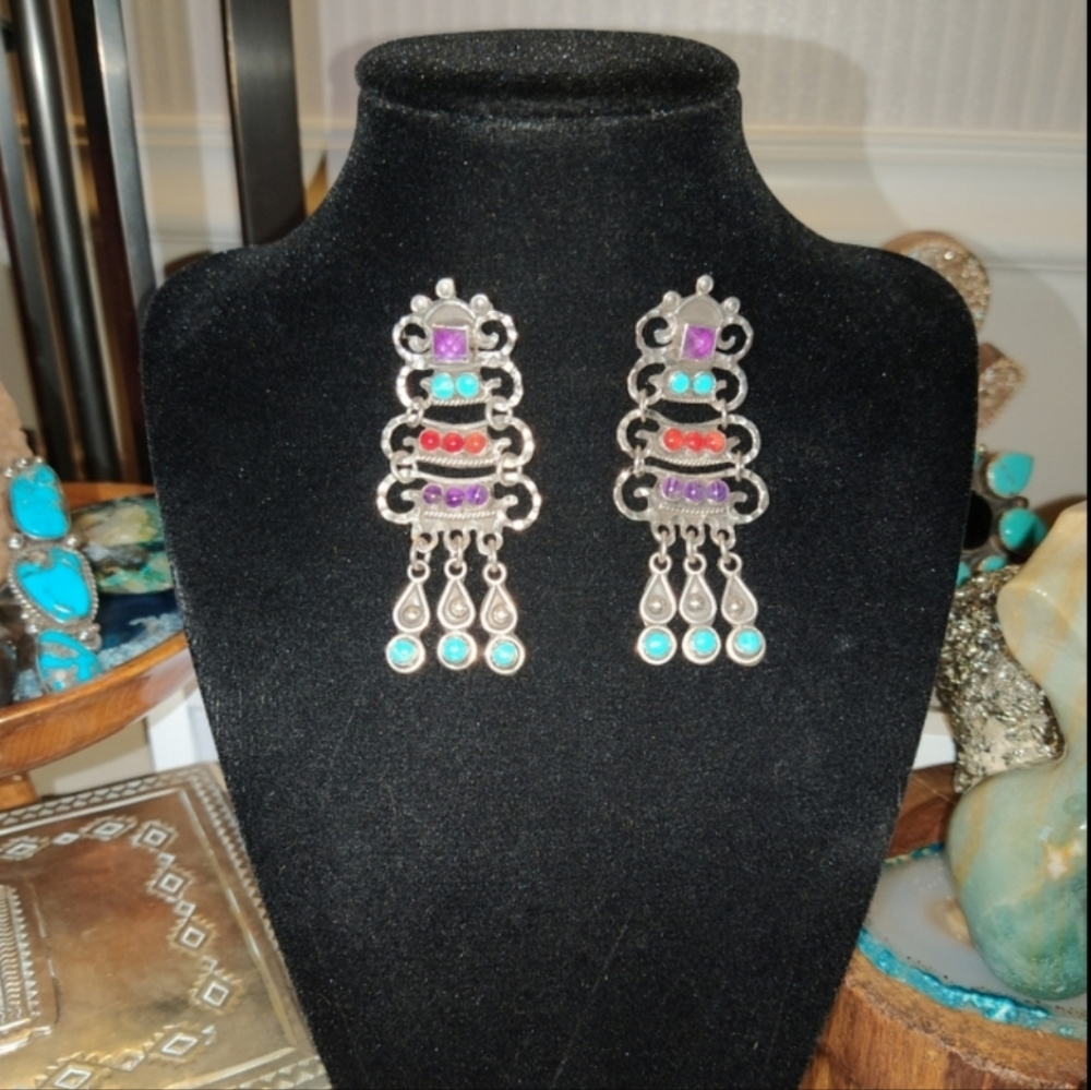 🏜️Navajo 925 Sterling Silver Turquoise Red Jasper Amethyst Chandelier Earrings